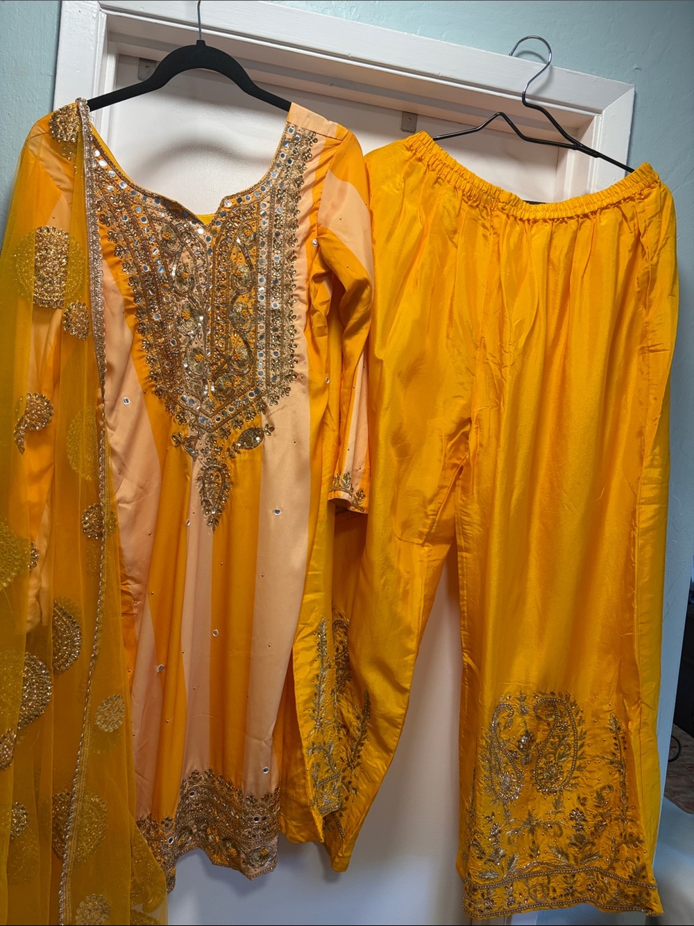 Elegant Yellow Embellished Women’s Palazzo Pants - Straight Leg